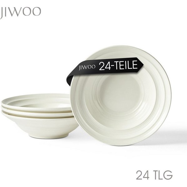 JIWOO Suppenteller 4er Ø21,2 cm, Speiseteller Pastateller Salatteller Dessertteller Plate, (24 St), Keramik Tellerset Weiß mikrowellen- und spülmaschinenfest Ø2