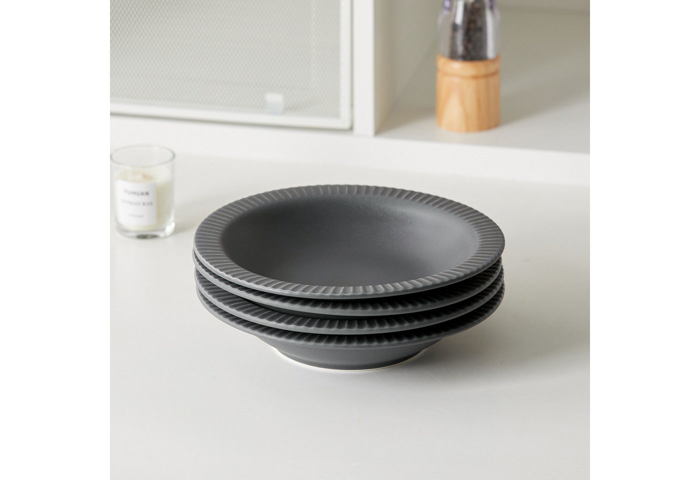 JIWOO Suppenteller 4er Ø21,2 cm, Speiseteller Pastateller Salatteller Dessertteller Plate, (4 St), Keramik Tellerset Grau mikrowellen- und spülmaschinenfest Ø21 – Bild 3 von 5