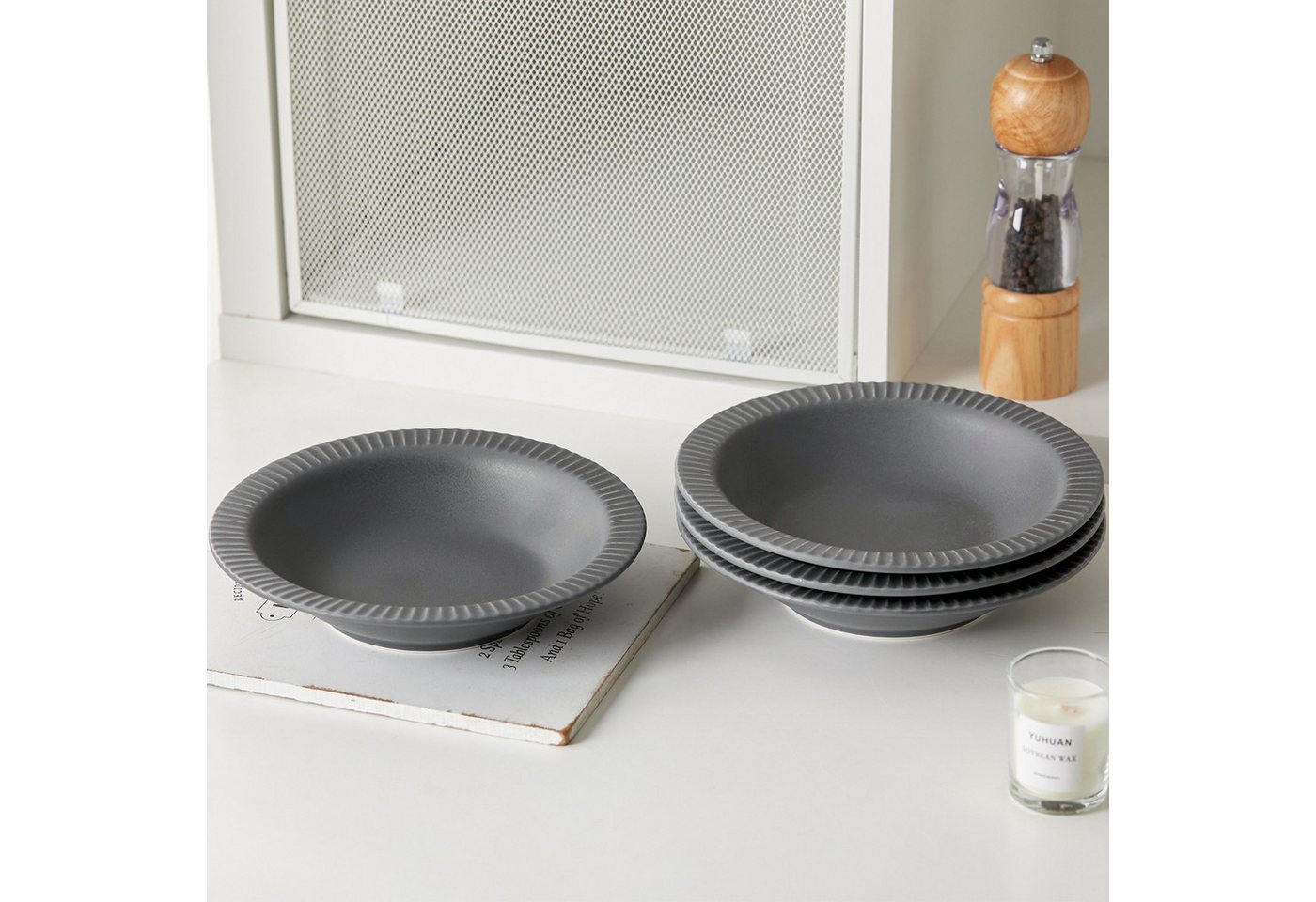 JIWOO Suppenteller 4er Ø21,2 cm, Speiseteller Pastateller Salatteller Dessertteller Plate, (4 St), Keramik Tellerset Grau mikrowellen- und spülmaschinenfest Ø21 – Bild 4 von 5