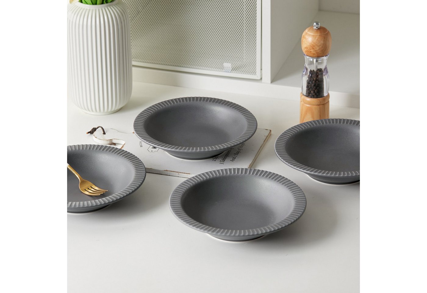 JIWOO Suppenteller 4er Ø21,2 cm, Speiseteller Pastateller Salatteller Dessertteller Plate, (4 St), Keramik Tellerset Grau mikrowellen- und spülmaschinenfest Ø21 – Bild 5 von 5