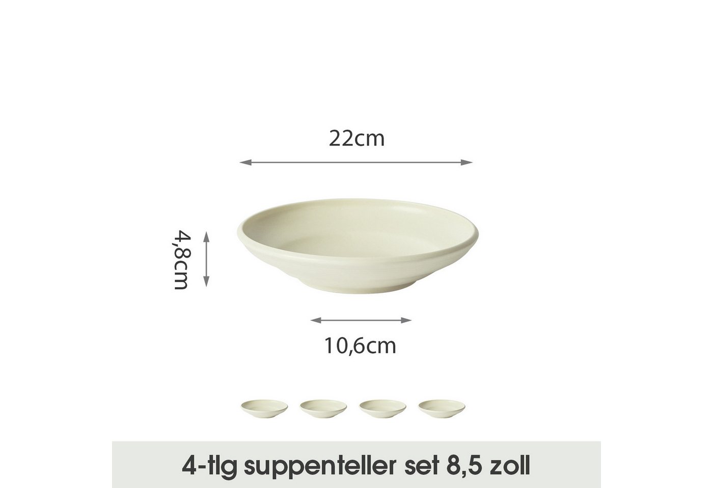 JIWOO Suppenteller 4er Ø22cm, Speiseteller Pastateller Salatteller Dessertteller Plate, (4 St), Keramik Tellerset Weiß mikrowellen- und spülmaschinenfest Ø21,2  – Bild 2 von 5