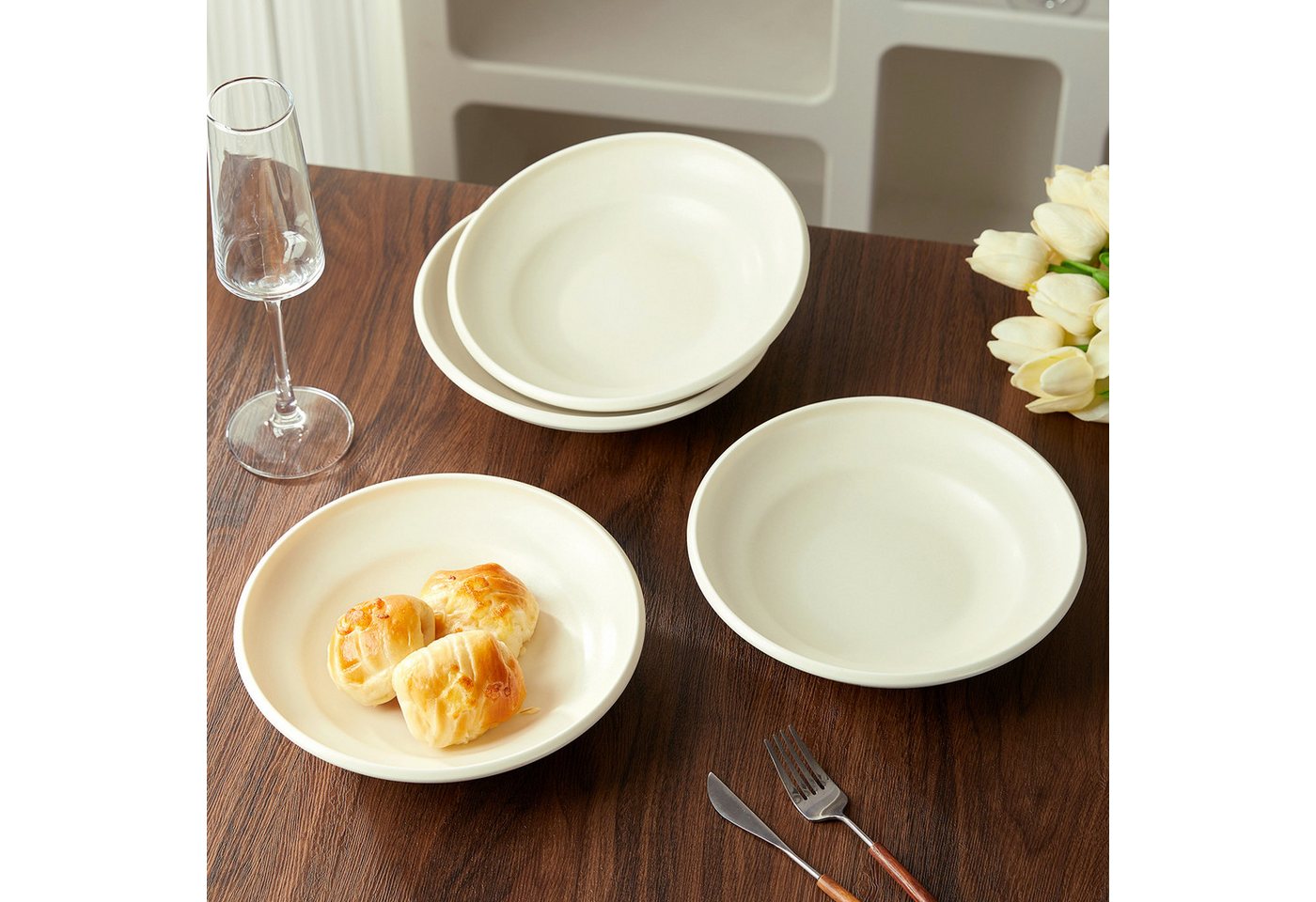 JIWOO Suppenteller 4er Ø22cm, Speiseteller Pastateller Salatteller Dessertteller Plate, (4 St), Keramik Tellerset Weiß mikrowellen- und spülmaschinenfest Ø21,2  – Bild 3 von 5