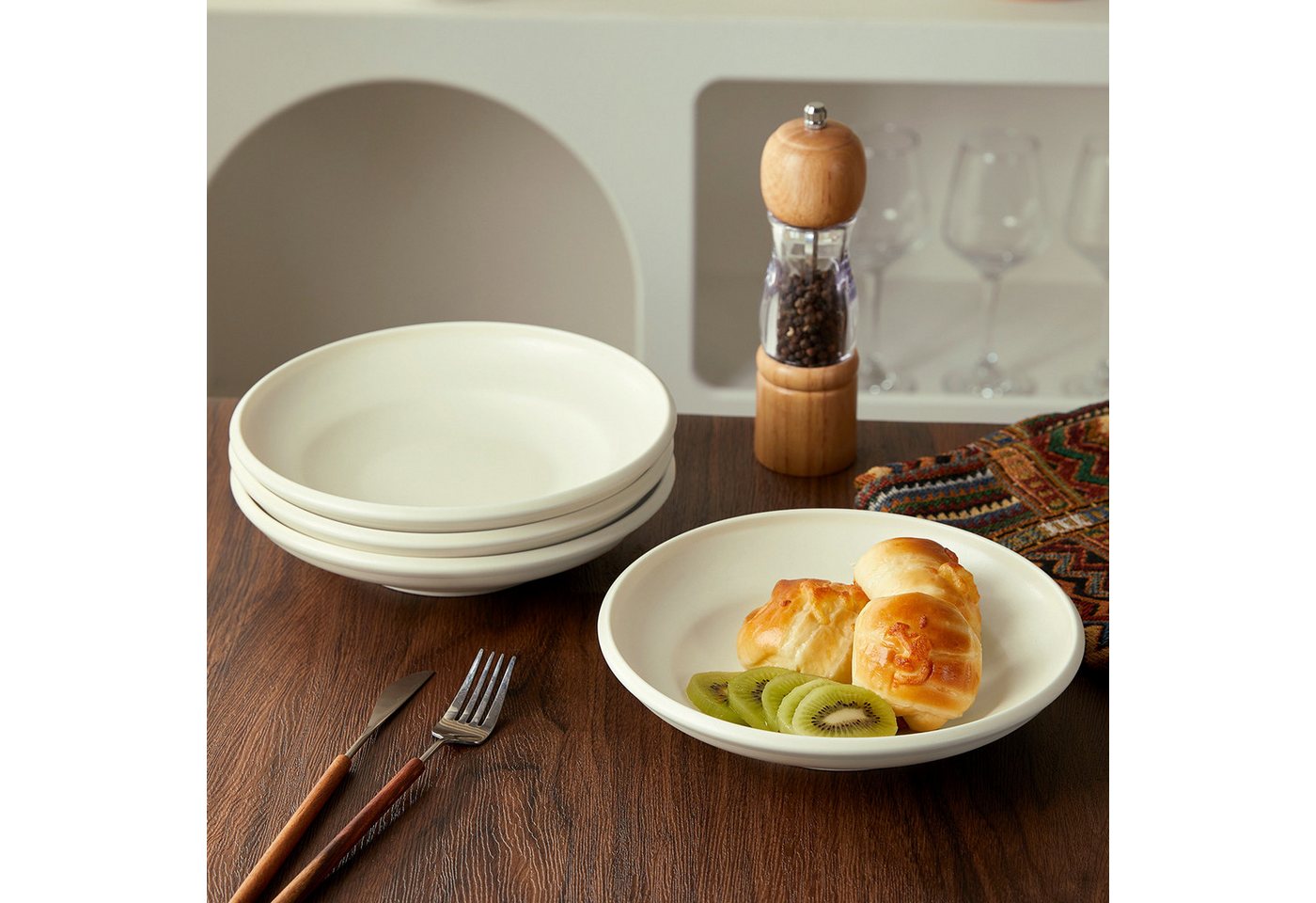 JIWOO Suppenteller 4er Ø22cm, Speiseteller Pastateller Salatteller Dessertteller Plate, (4 St), Keramik Tellerset Weiß mikrowellen- und spülmaschinenfest Ø21,2  – Bild 4 von 5