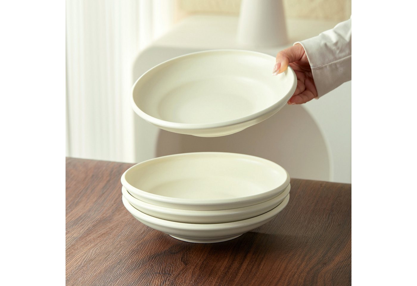 JIWOO Suppenteller 4er Ø22cm, Speiseteller Pastateller Salatteller Dessertteller Plate, (4 St), Keramik Tellerset Weiß mikrowellen- und spülmaschinenfest Ø21,2  – Bild 5 von 5