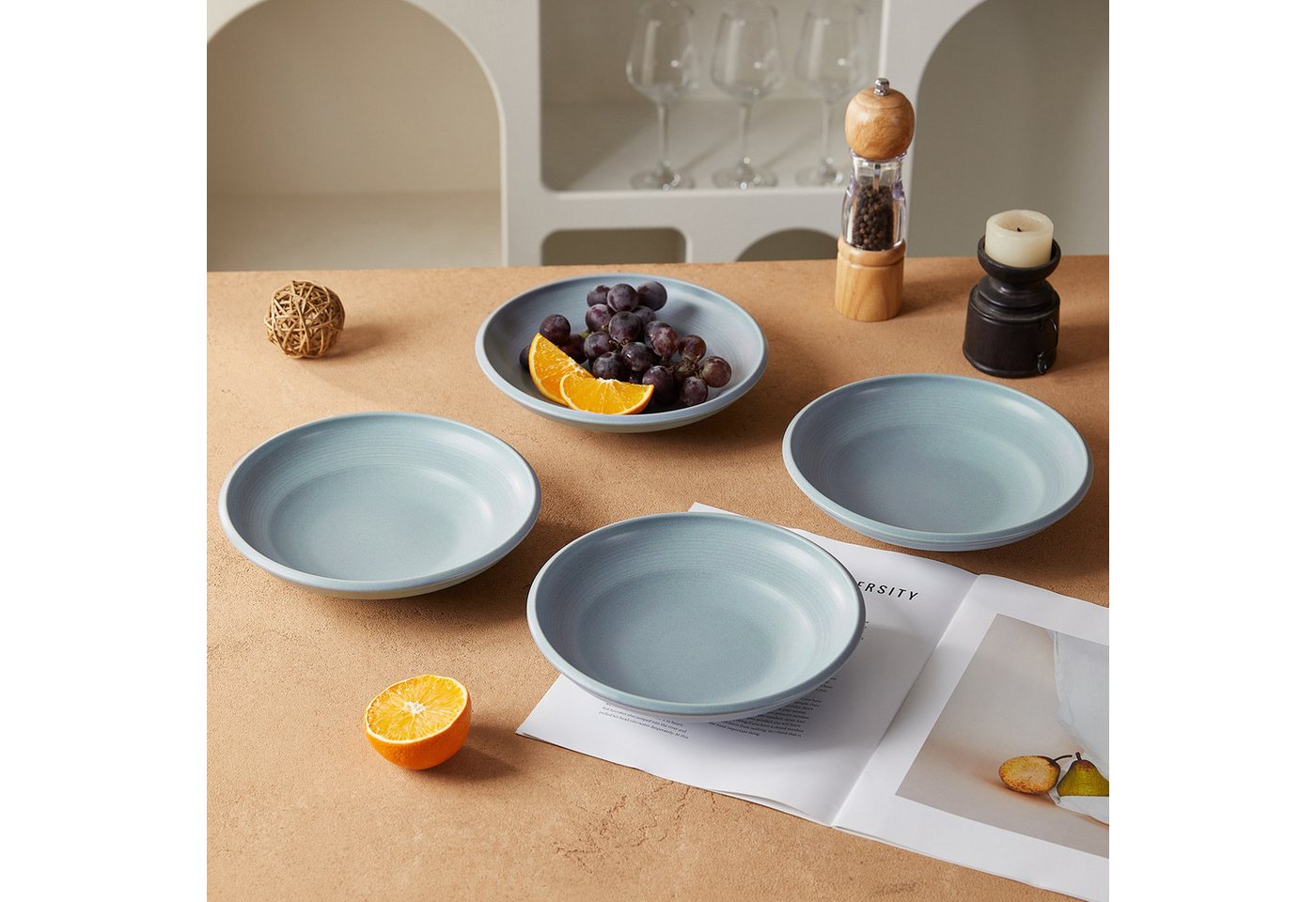 JIWOO Suppenteller 4er Ø22cm, Speiseteller Pastateller Salatteller Dessertteller Plate, (4 St), Keramik Tellerset Weiß mikrowellen- und spülmaschinenfest Ø21,2  – Bild 4 von 5