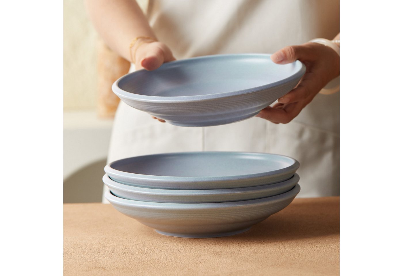 JIWOO Suppenteller 4er Ø22cm, Speiseteller Pastateller Salatteller Dessertteller Plate, (4 St), Keramik Tellerset Weiß mikrowellen- und spülmaschinenfest Ø21,2  – Bild 5 von 5