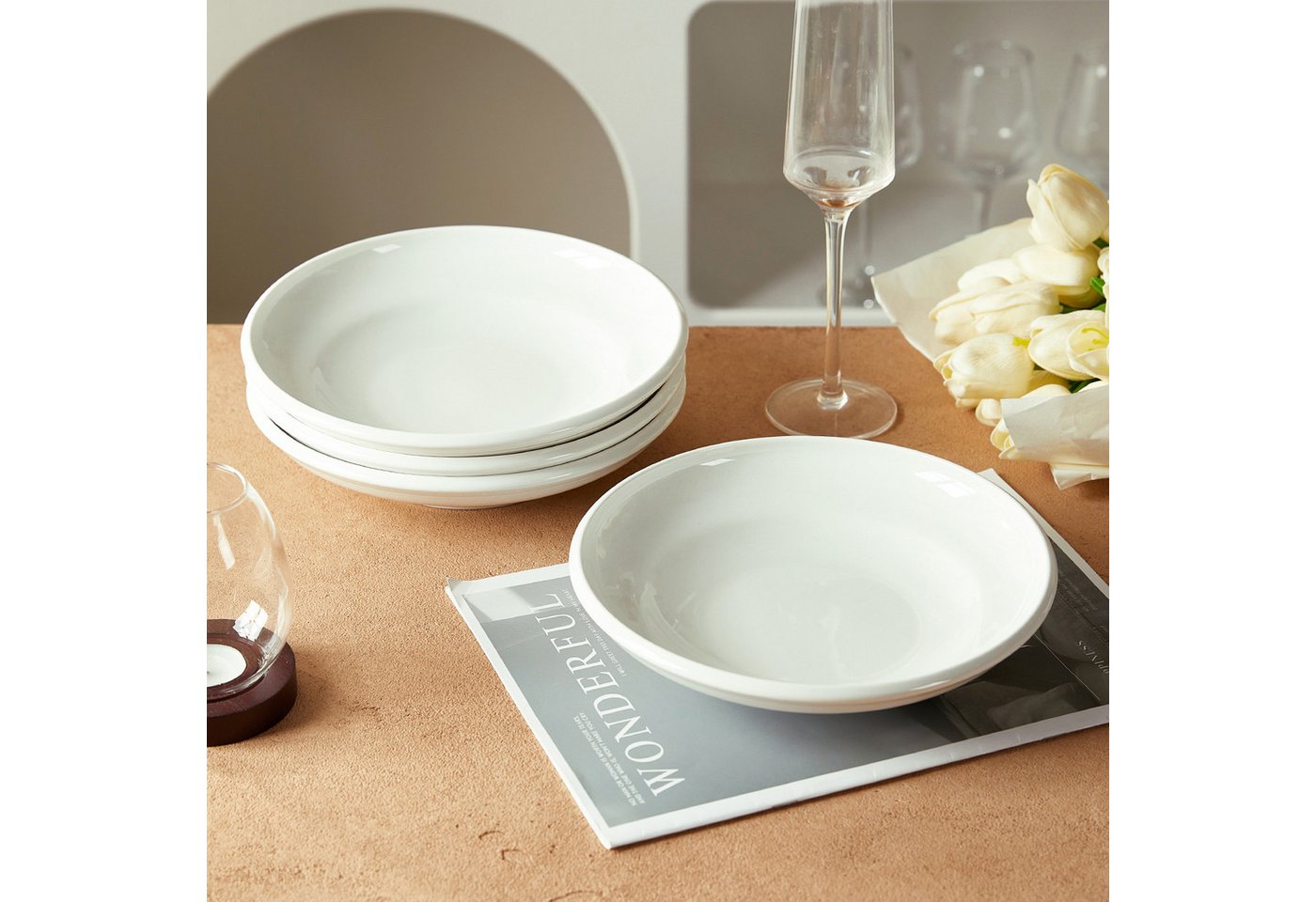 JIWOO Suppenteller 4er Ø22cm, Speiseteller Pastateller Salatteller Dessertteller Plate, (24 St), Keramik Tellerset Weiß mikrowellen- und spülmaschinenfest Ø21,2 – Bild 3 von 5