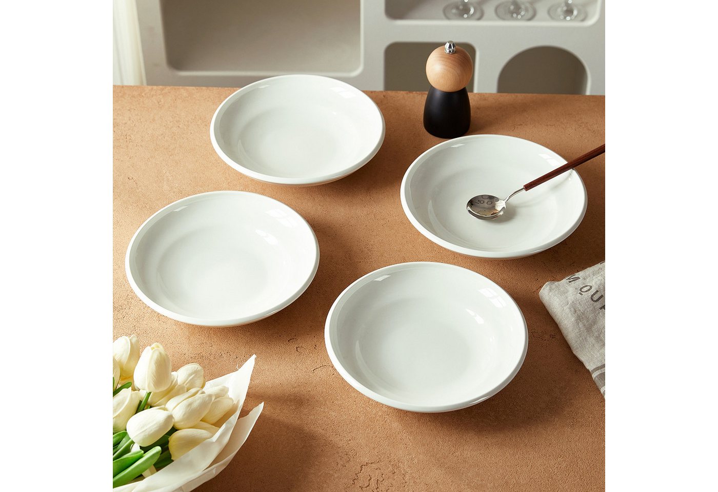 JIWOO Suppenteller 4er Ø22cm, Speiseteller Pastateller Salatteller Dessertteller Plate, (24 St), Keramik Tellerset Weiß mikrowellen- und spülmaschinenfest Ø21,2 – Bild 5 von 5