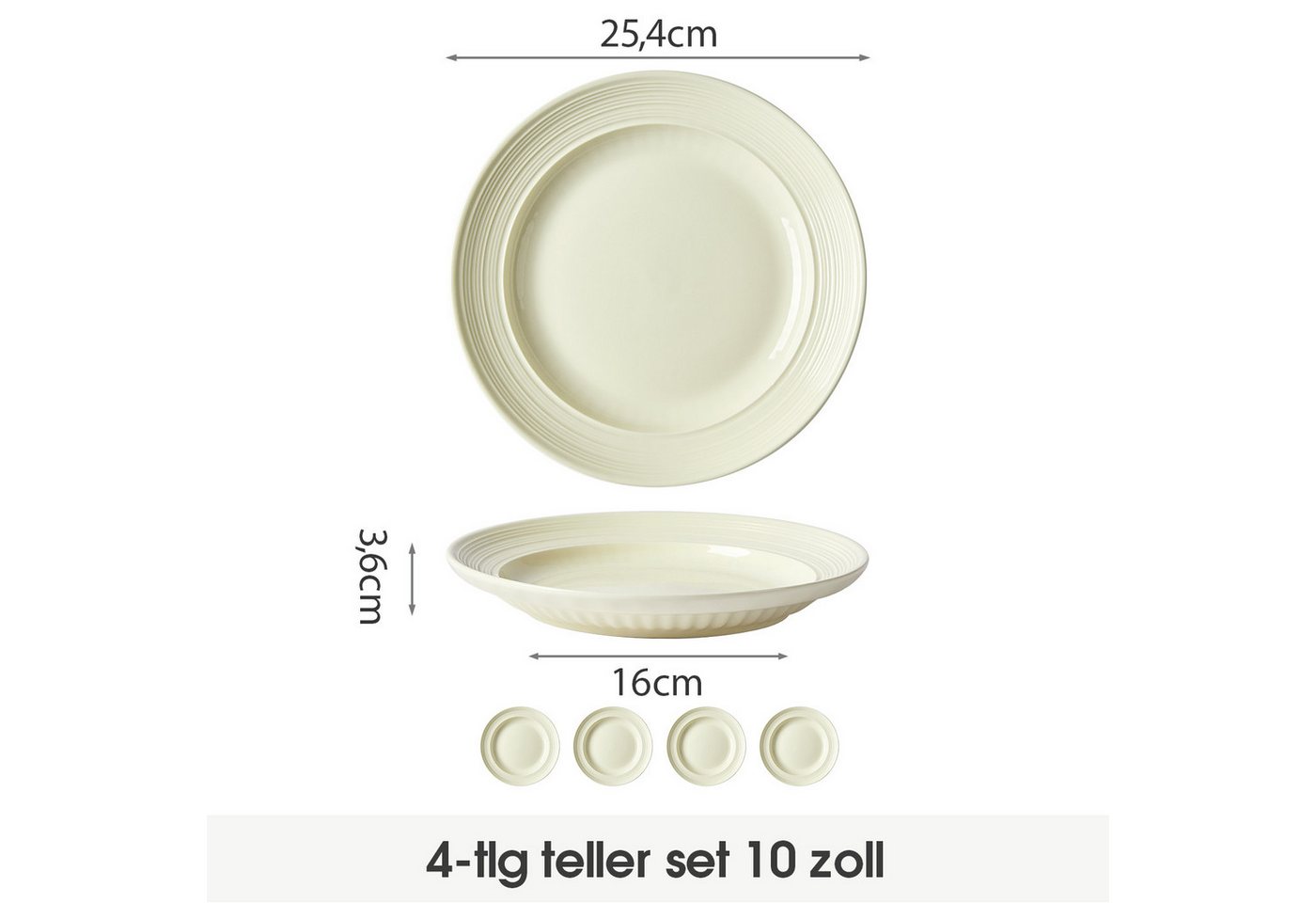 JIWOO Suppenteller 4er Ø25,4 cm, Speiseteller Frühstücksteller Salatteller Pastateller, (4 St), Keramik Hochwertiges Tellerset Beige Mikrowellen spülmaschinenfe – Bild 2 von 5