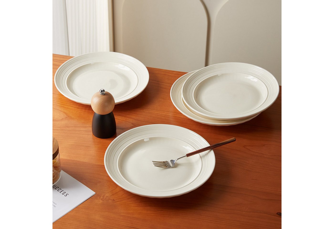 JIWOO Suppenteller 4er Ø25,4 cm, Speiseteller Frühstücksteller Salatteller Pastateller, (4 St), Keramik Hochwertiges Tellerset Beige Mikrowellen spülmaschinenfe – Bild 4 von 5