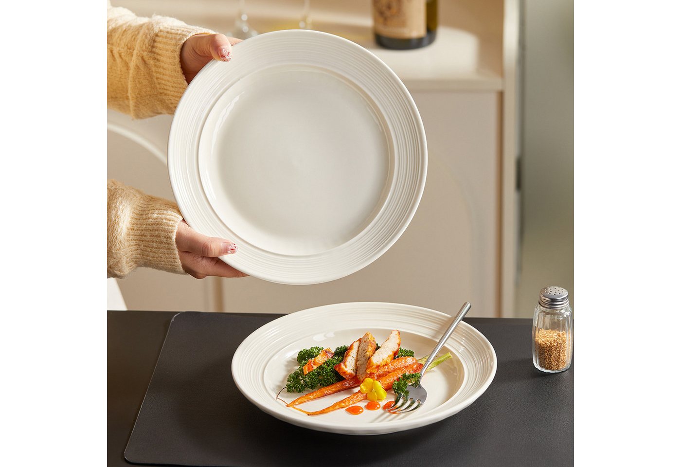 JIWOO Suppenteller 4er Ø25,4 cm, Speiseteller Frühstücksteller Salatteller Pastateller, (4 St), Keramik Hochwertiges Tellerset Beige Mikrowellen spülmaschinenfe – Bild 5 von 5