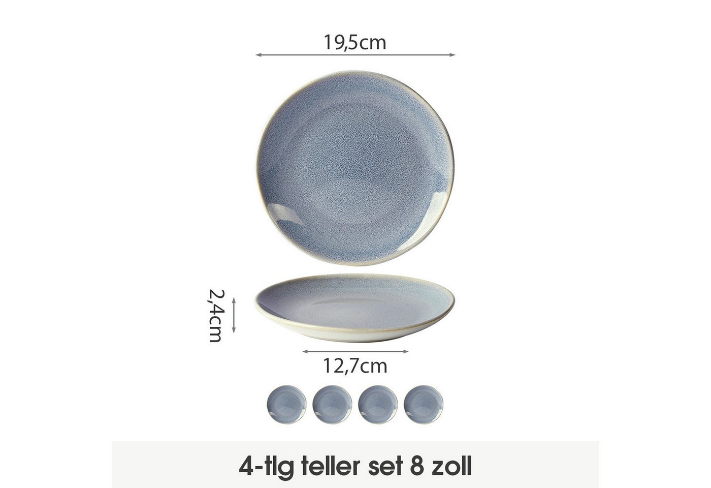 JIWOO Teller 4er Ø19,5cm, Speiseteller Steakteller Dessertteller Pastateller Plate, (4 St), Keramik Hochwertiges Tellerset Blau Mikrowellenofen Spülmaschine – Bild 2 von 5