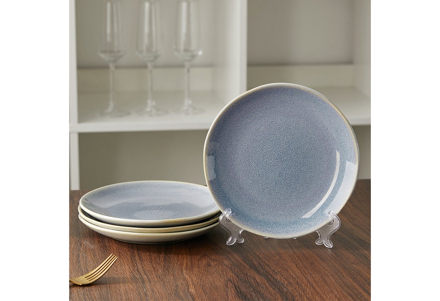 JIWOO Teller 4er Ø19,5cm, Speiseteller Steakteller Dessertteller Pastateller Plate, (4 St), Keramik Hochwertiges Tellerset Blau Mikrowellenofen Spülmaschine – Bild 4 von 5