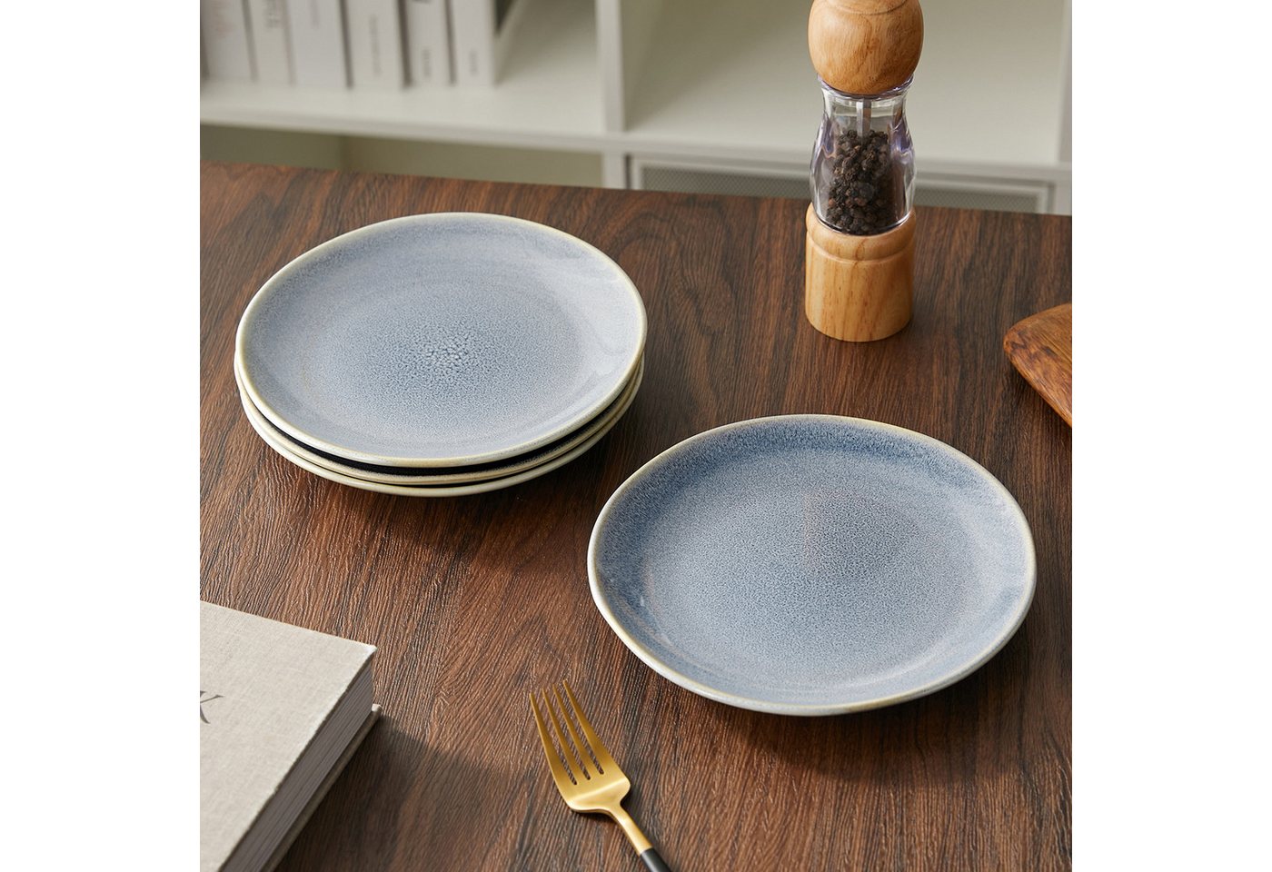 JIWOO Teller 4er Ø19,5cm, Speiseteller Steakteller Dessertteller Pastateller Plate, (4 St), Keramik Hochwertiges Tellerset Blau Mikrowellenofen Spülmaschine – Bild 5 von 5