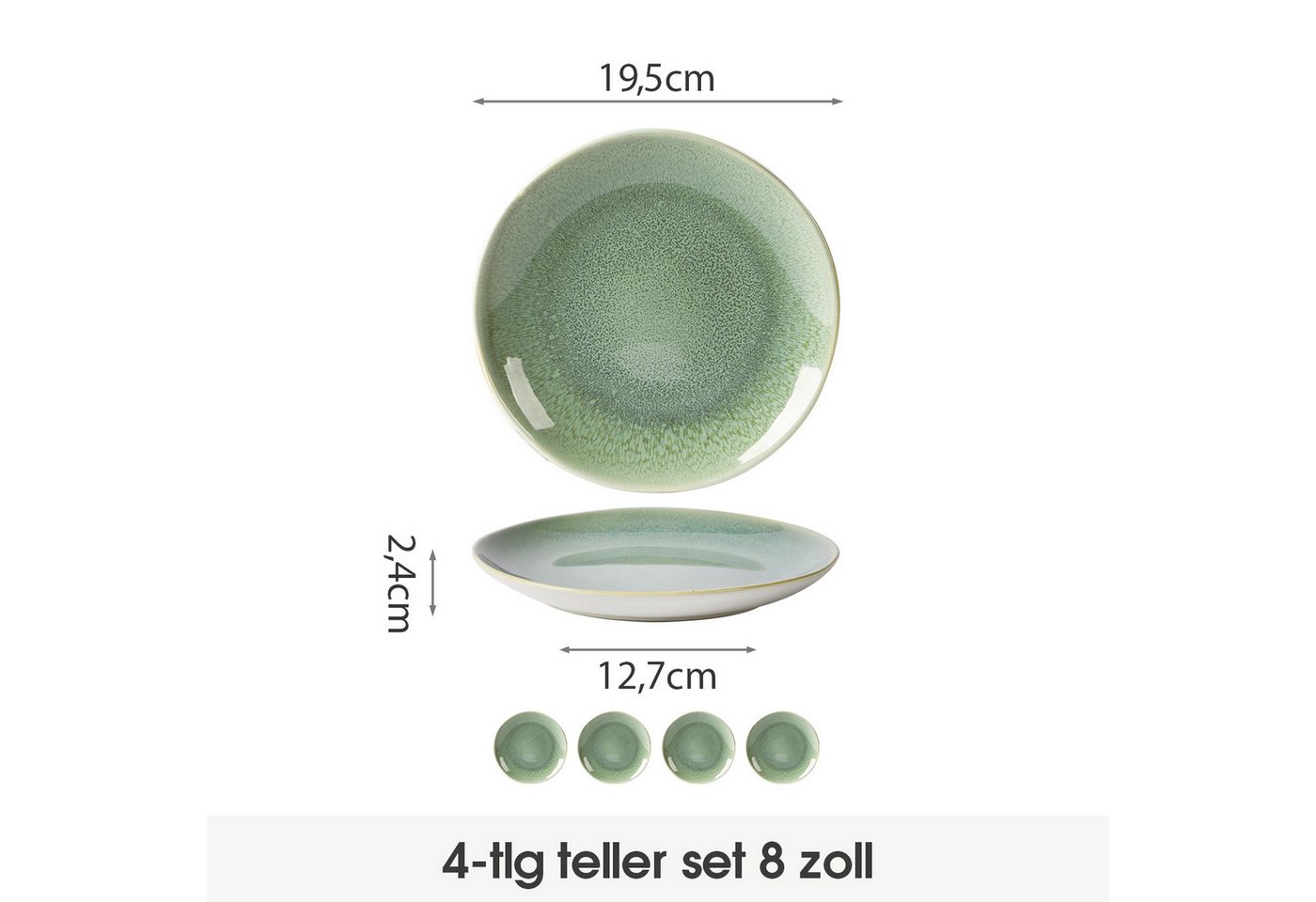 JIWOO Teller 4er Ø19,5cm, Speiseteller Steakteller Dessertteller Pastateller Plate, (4 St), Keramik Hochwertiges Tellerset Grün Mikrowellenofen Spülmaschine – Bild 2 von 5