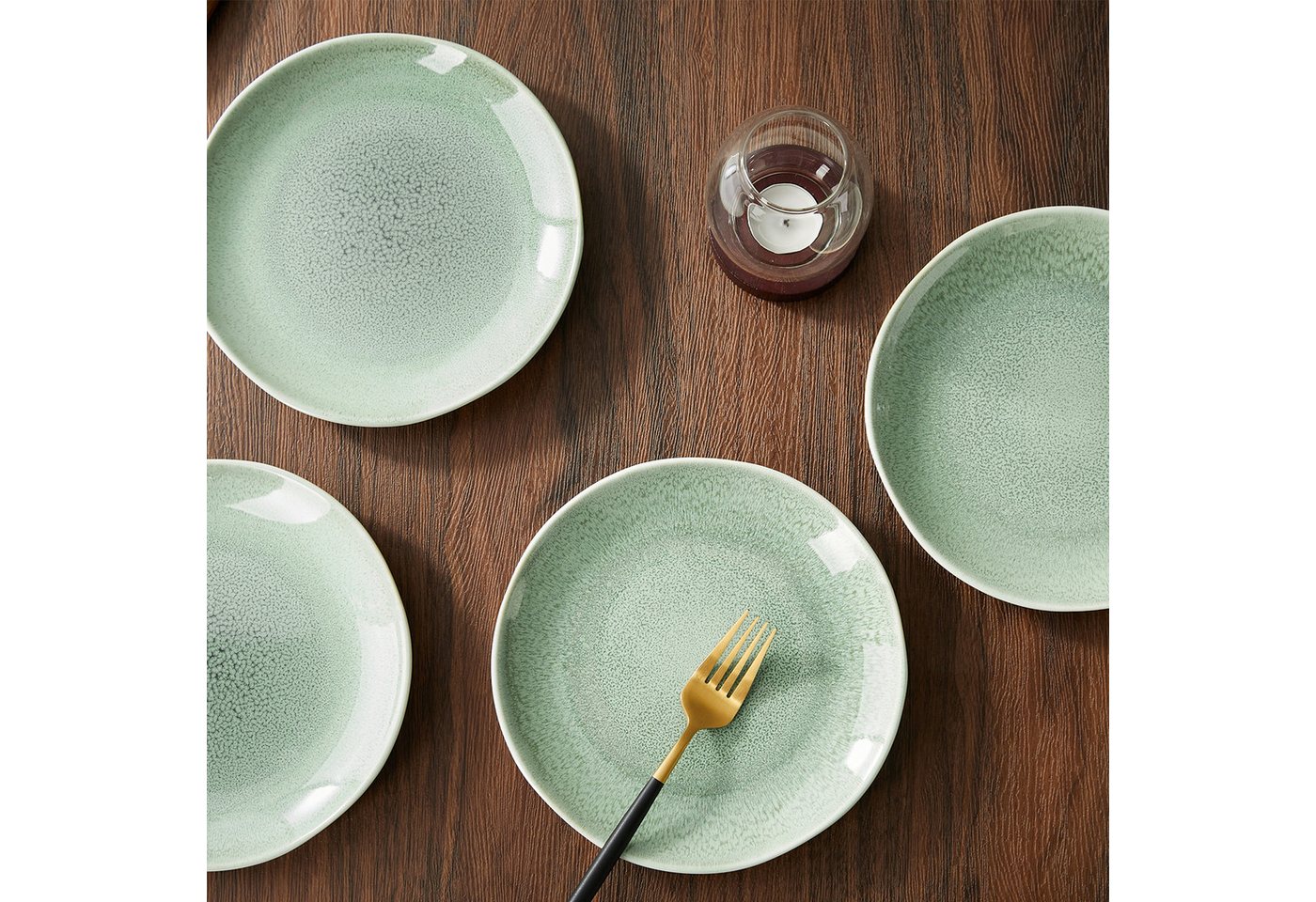 JIWOO Teller 4er Ø19,5cm, Speiseteller Steakteller Dessertteller Pastateller Plate, (4 St), Keramik Hochwertiges Tellerset Grün Mikrowellenofen Spülmaschine – Bild 5 von 5