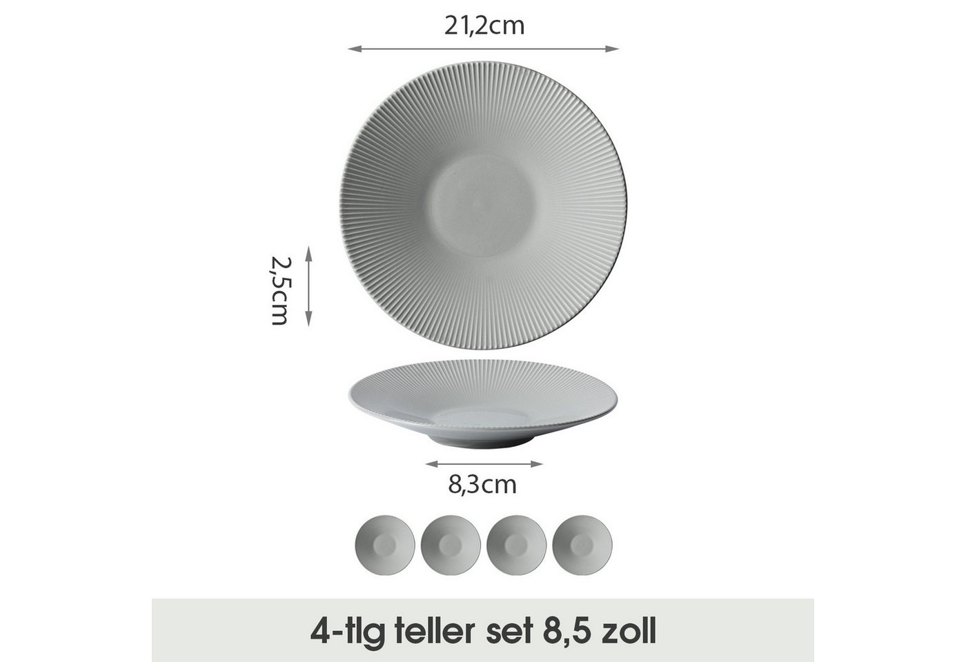 JIWOO Teller 4er Ø21,2cm, Pastateller Speiseteller Salatteller Dessertteller, (4 St), Keramik Plate Hochwertige Tellerset Grau Mikrowellen spülmaschinenfest – Bild 2 von 5