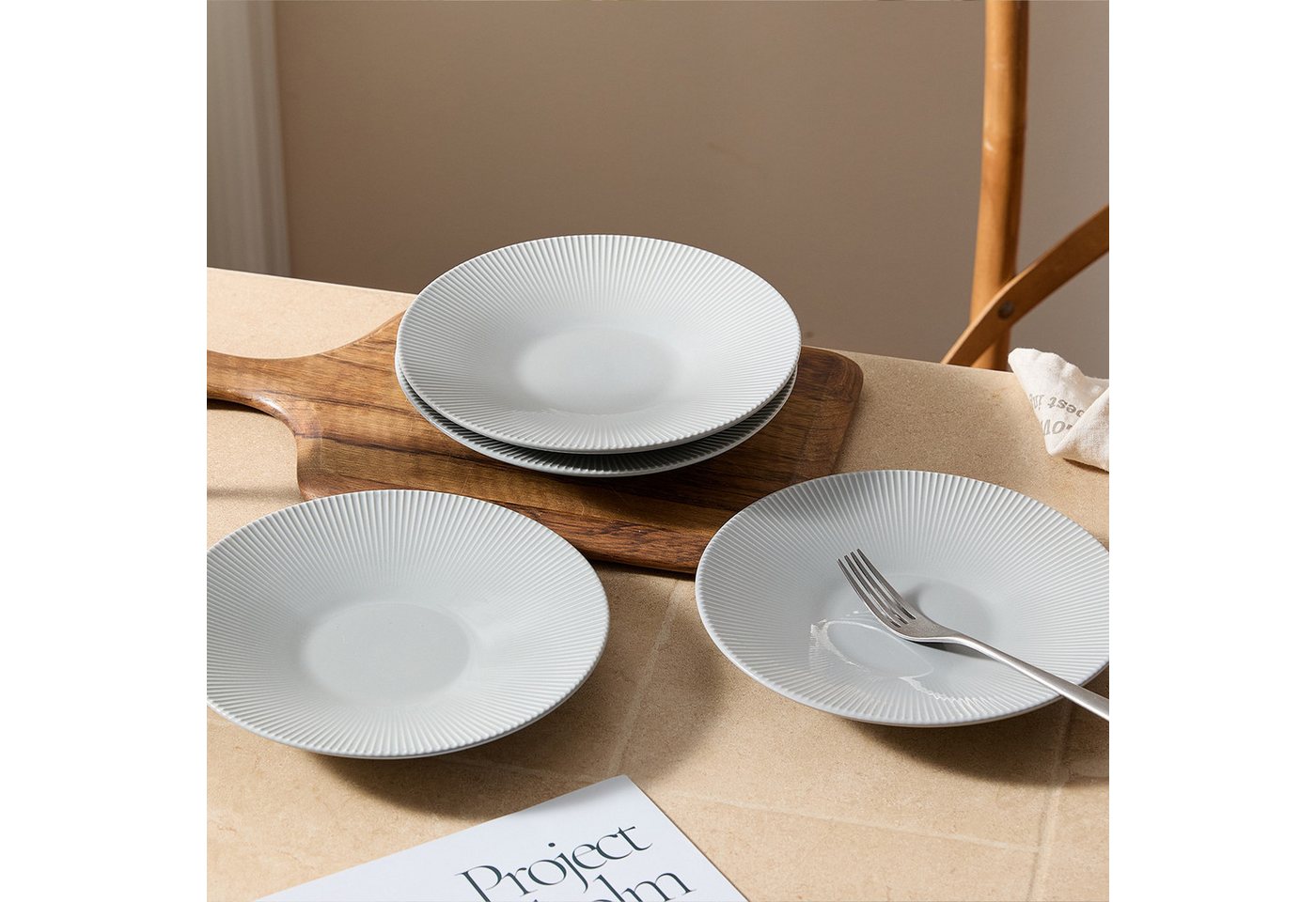 JIWOO Teller 4er Ø21,2cm, Pastateller Speiseteller Salatteller Dessertteller, (4 St), Keramik Plate Hochwertige Tellerset Grau Mikrowellen spülmaschinenfest – Bild 4 von 5
