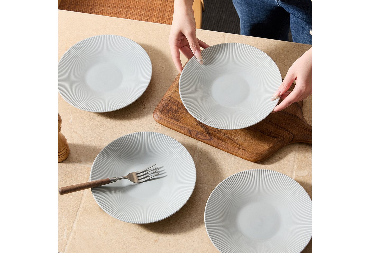 JIWOO Teller 4er Ø21,2cm, Pastateller Speiseteller Salatteller Dessertteller, (4 St), Keramik Plate Hochwertige Tellerset Grau Mikrowellen spülmaschinenfest – Bild 5 von 5