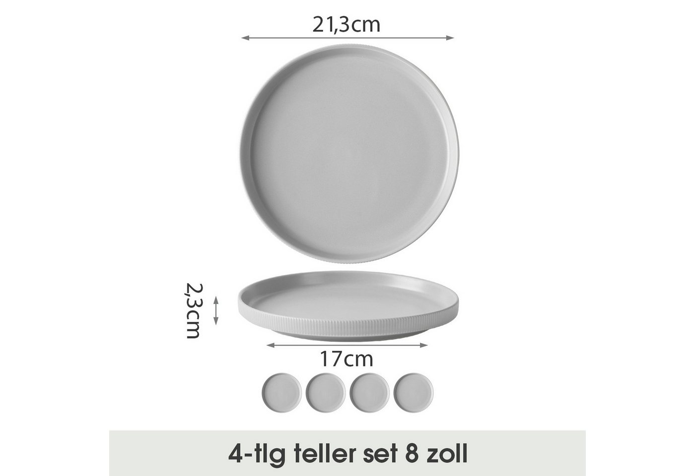 JIWOO Teller 4er Ø21,3cm, Speiseteller Steakteller Dessertteller Brotteller Plate, (4 St), Keramik Hochwertiges Tellerset Grau Mikrowellen spülmaschinenfest – Bild 2 von 5