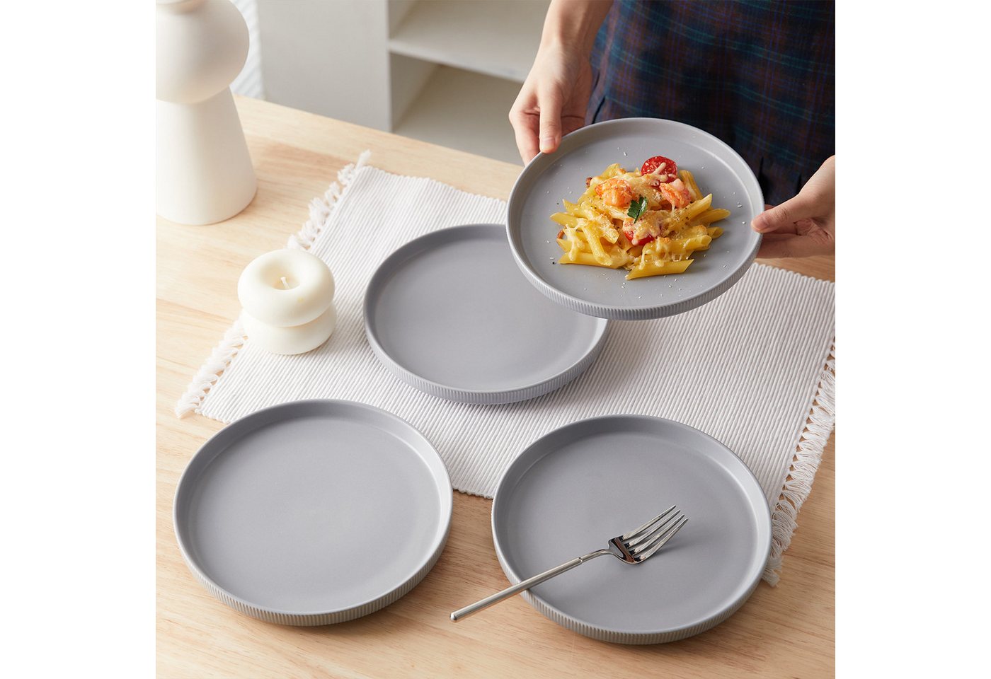 JIWOO Teller 4er Ø21,3cm, Speiseteller Steakteller Dessertteller Brotteller Plate, (4 St), Keramik Hochwertiges Tellerset Grau Mikrowellen spülmaschinenfest – Bild 3 von 5