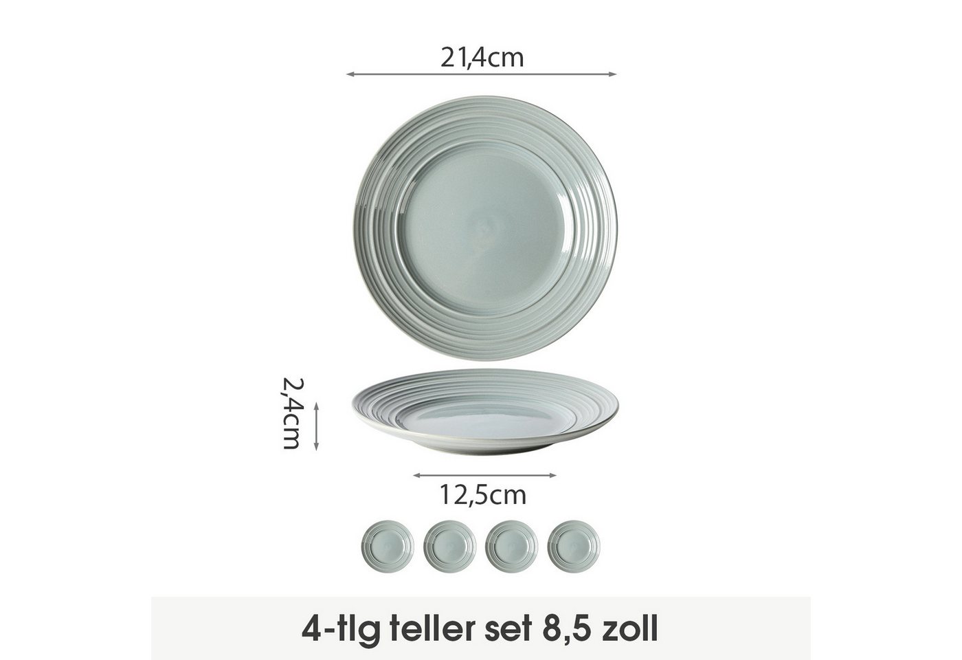 JIWOO Teller 4er Ø21,4cm, Salatteller Frühstücksteller Pastateller Dessertteller, (4 St), Keramik Hochwertiges Tellerset Grau Mikrowellen spülmaschinenfest – Bild 2 von 5