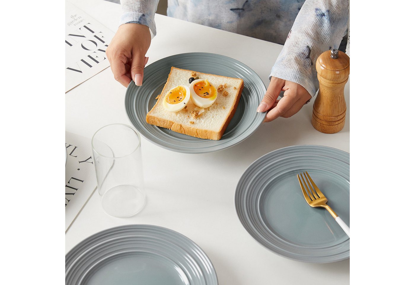 JIWOO Teller 4er Ø21,4cm, Salatteller Frühstücksteller Pastateller Dessertteller, (4 St), Keramik Hochwertiges Tellerset Grau Mikrowellen spülmaschinenfest – Bild 4 von 5