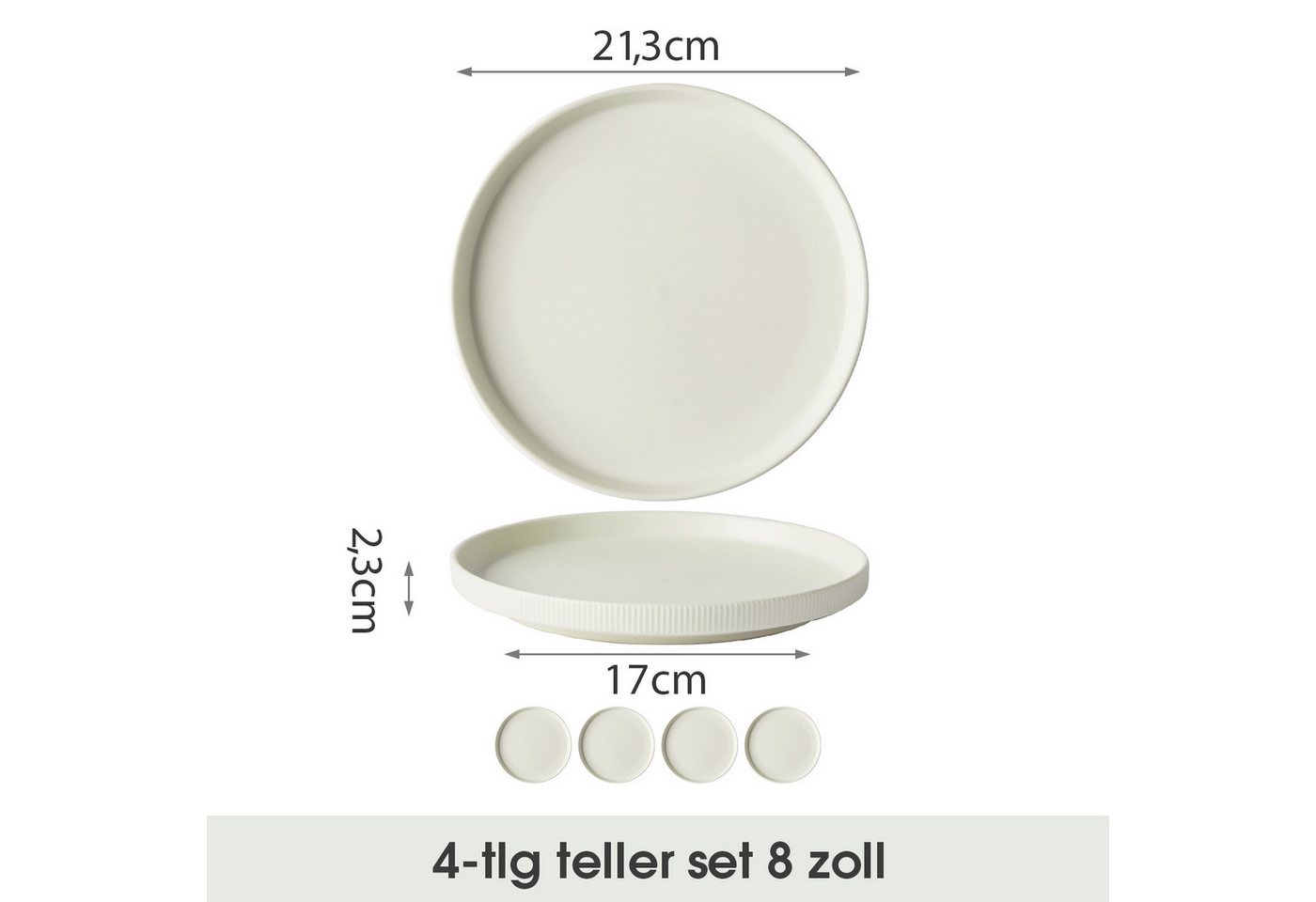JIWOO Teller 4er Ø21,3cm, Speiseteller Steakteller Dessertteller Brotteller Plate, (4 St), Keramik Hochwertiges Tellerset Weiß Mikrowellen spülmaschinenfest – Bild 2 von 5