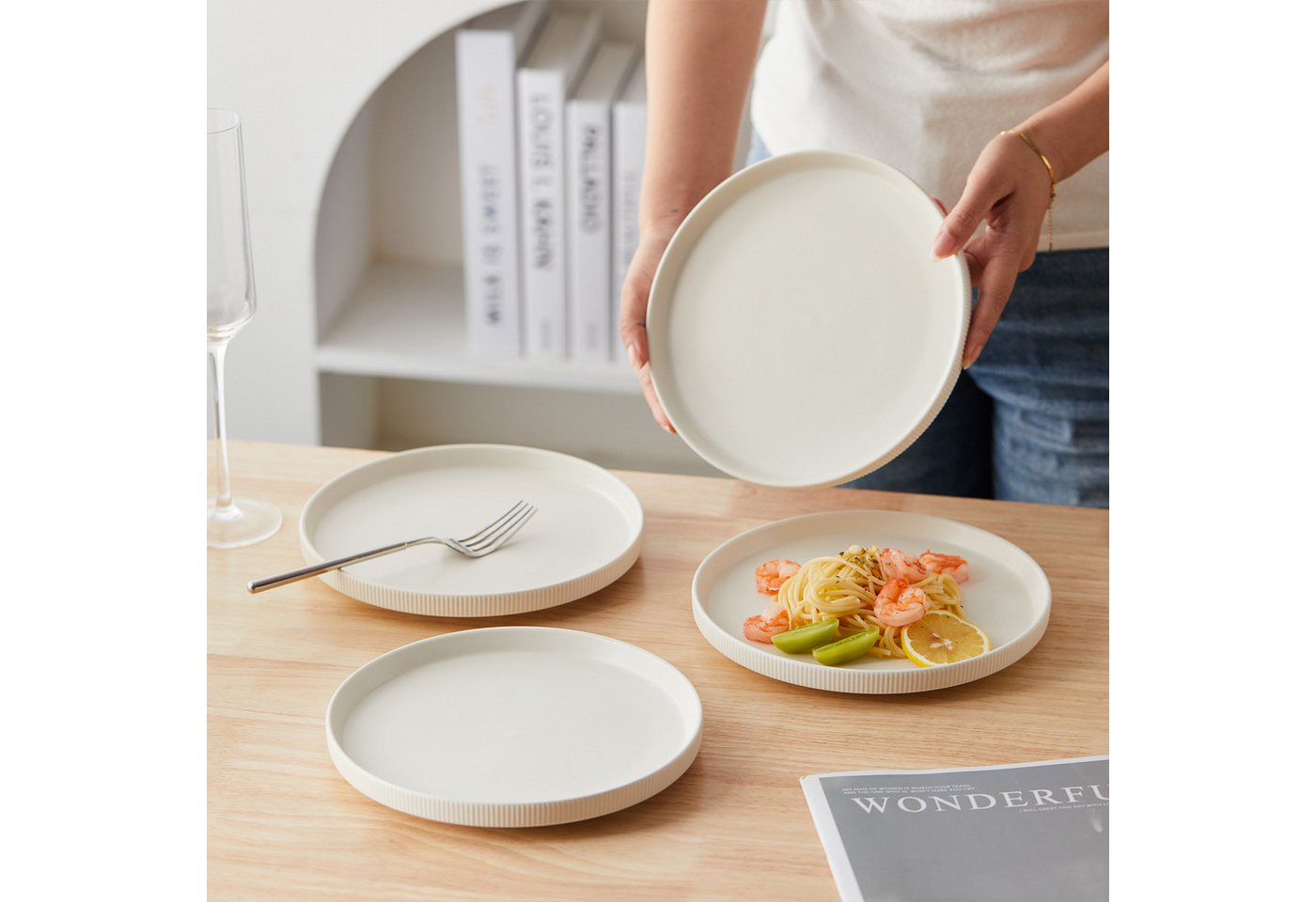 JIWOO Teller 4er Ø21,3cm, Speiseteller Steakteller Dessertteller Brotteller Plate, (4 St), Keramik Hochwertiges Tellerset Weiß Mikrowellen spülmaschinenfest – Bild 4 von 5