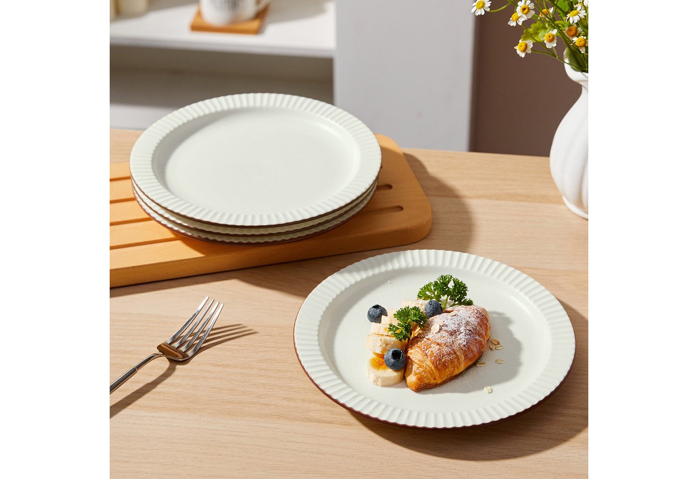 JIWOO Teller 4er Ø21,3cm, Salatteller Frühstücksteller Pastateller Dessertteller, (4 St), Keramik Hochwertiges Tellerset Beige Mikrowellen spülmaschinenfest – Bild 3 von 5