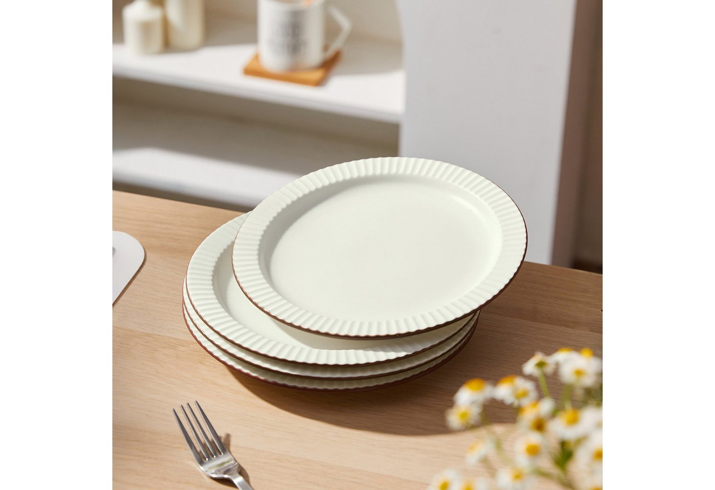 JIWOO Teller 4er Ø21,3cm, Salatteller Frühstücksteller Pastateller Dessertteller, (4 St), Keramik Hochwertiges Tellerset Beige Mikrowellen spülmaschinenfest – Bild 4 von 5