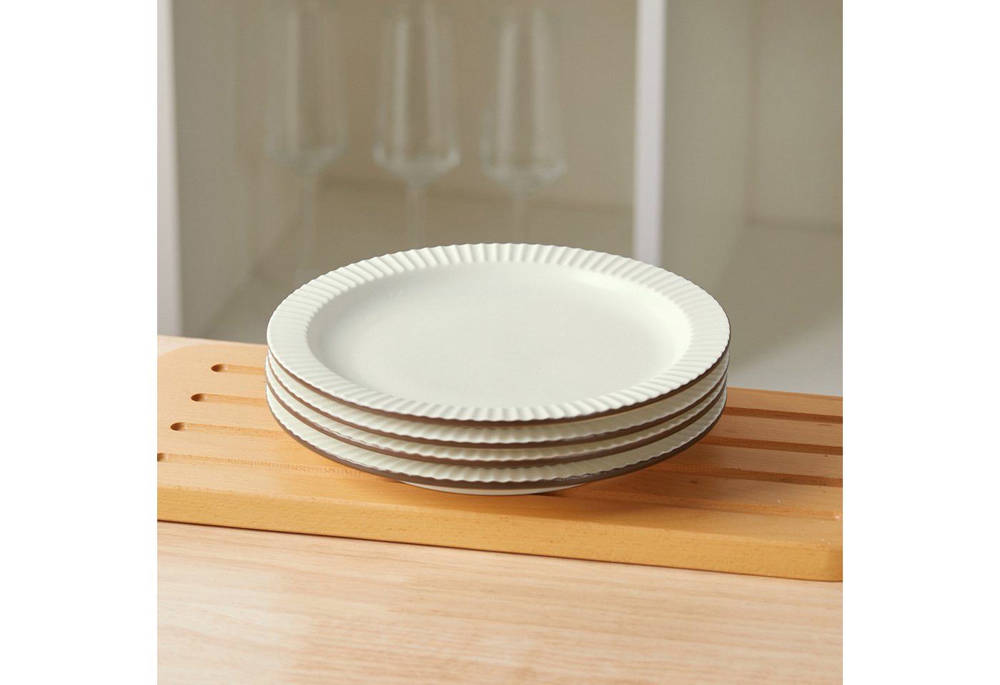 JIWOO Teller 4er Ø21,3cm, Salatteller Frühstücksteller Pastateller Dessertteller, (4 St), Keramik Hochwertiges Tellerset Beige Mikrowellen spülmaschinenfest – Bild 5 von 5