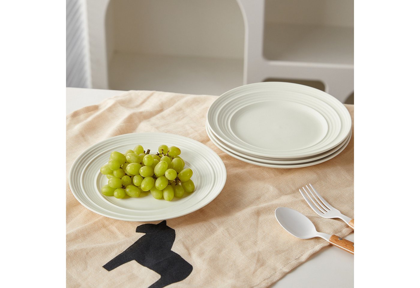JIWOO Teller 4er Ø21,4cm, Salatteller Frühstücksteller Pastateller Dessertteller, (4 St), Keramik Hochwertiges Tellerset Weiß Mikrowellen spülmaschinenfest – Bild 4 von 5