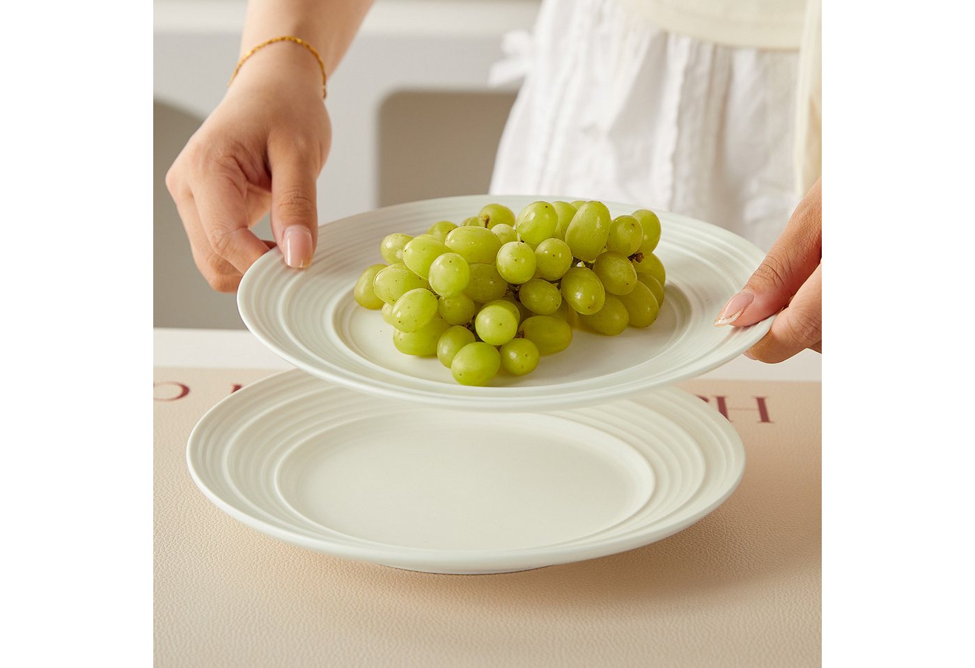 JIWOO Teller 4er Ø21,4cm, Salatteller Frühstücksteller Pastateller Dessertteller, (4 St), Keramik Hochwertiges Tellerset Weiß Mikrowellen spülmaschinenfest – Bild 5 von 5