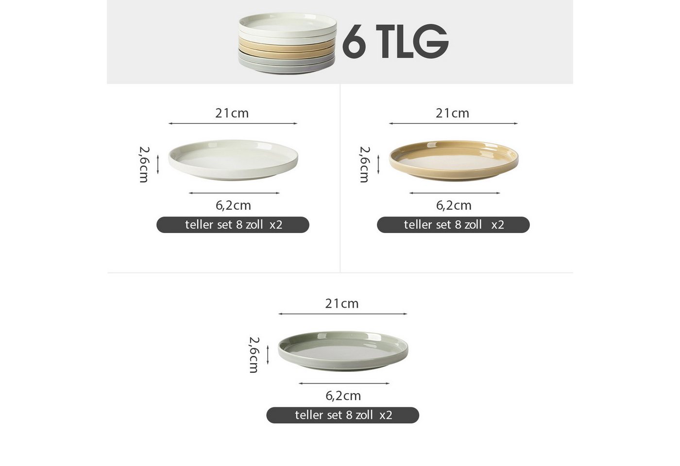 JIWOO Teller 4er Ø21cm,Frühstücksteller Steakteller Pastateller Brotteller Plate, (6 St), Keramik Hochwertiges Tellerset Bunt Mikrowellen spülmaschinenfest – Bild 2 von 5