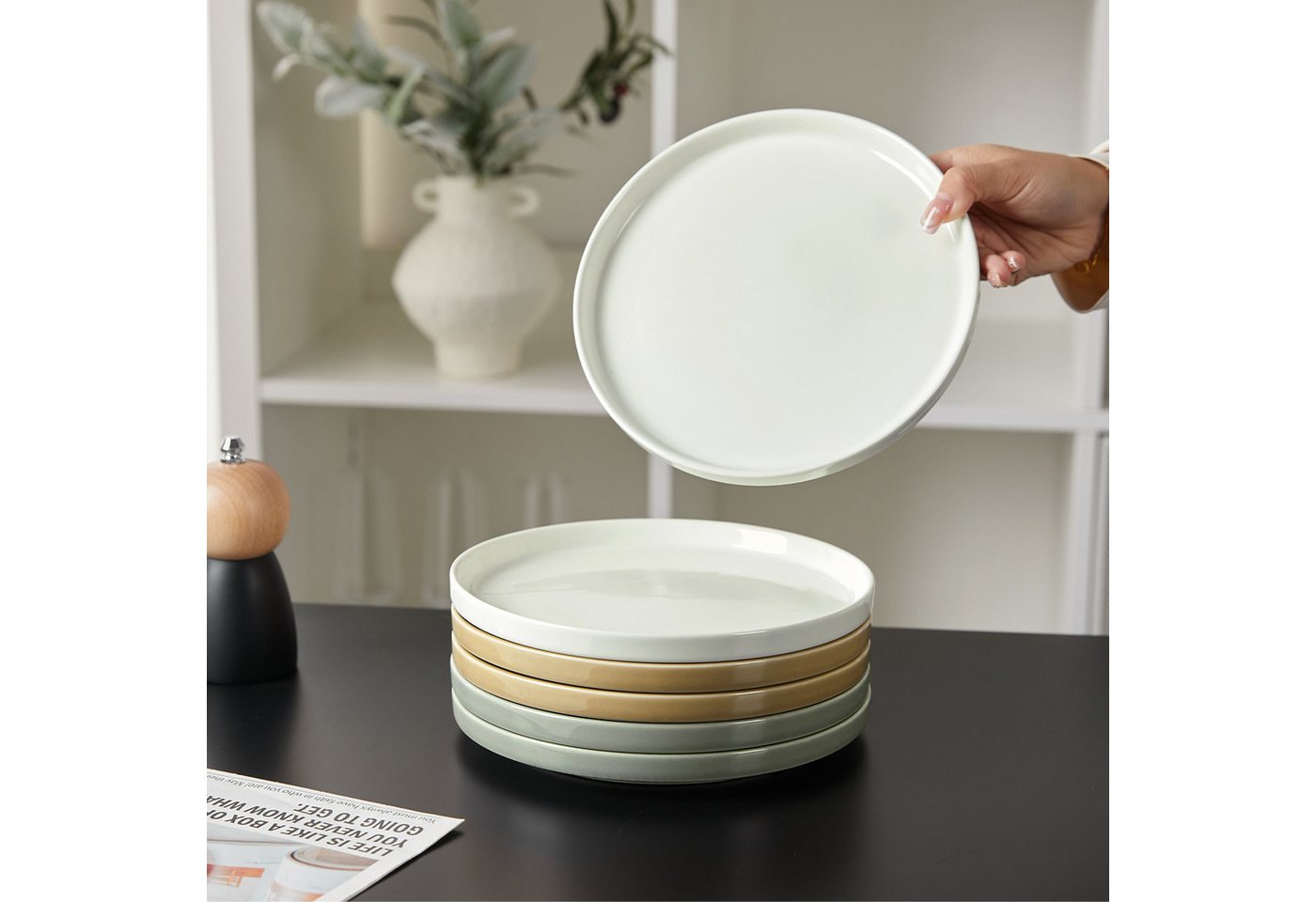 JIWOO Teller 4er Ø21cm,Frühstücksteller Steakteller Pastateller Brotteller Plate, (6 St), Keramik Hochwertiges Tellerset Bunt Mikrowellen spülmaschinenfest – Bild 3 von 5