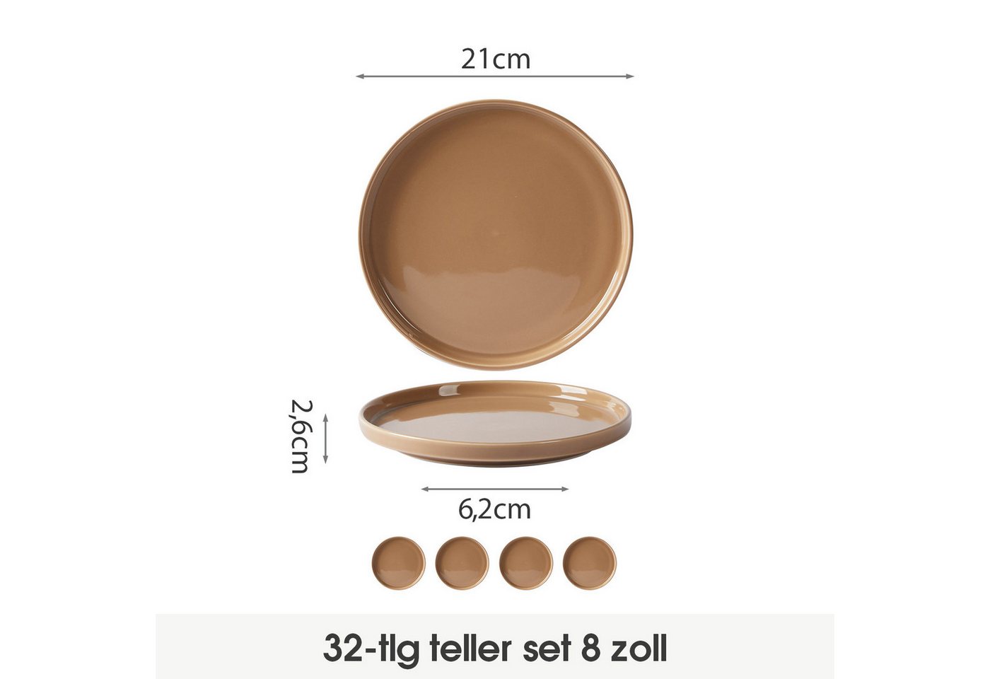 JIWOO Teller 4er Ø21cm,Frühstücksteller Steakteller Pastateller Brotteller Plate, (32 St), Keramik Hochwertiges Tellerset Braun Mikrowellen spülmaschinenfest – Bild 2 von 5