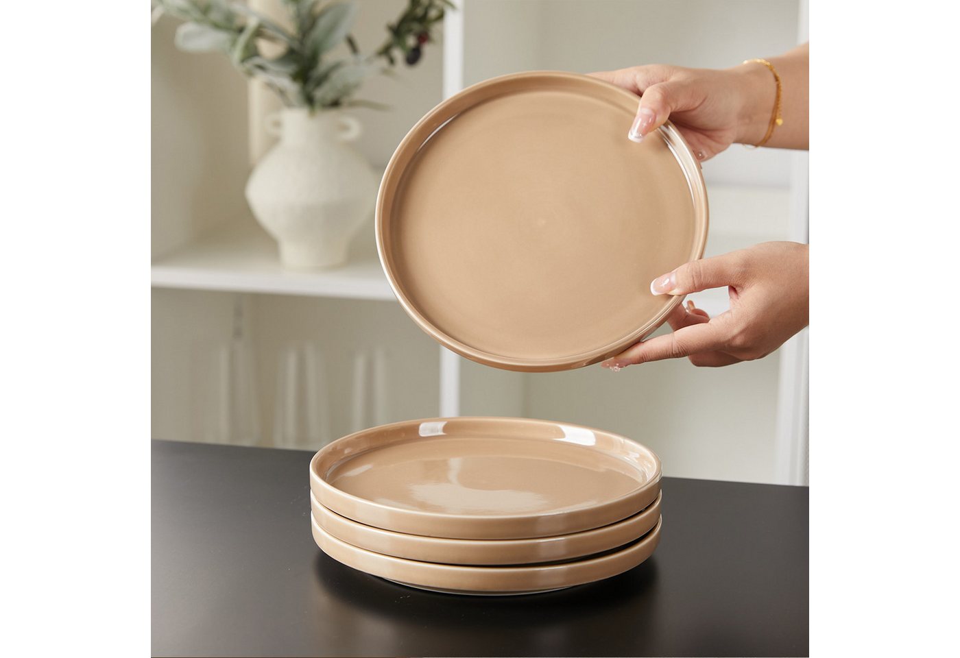 JIWOO Teller 4er Ø21cm,Frühstücksteller Steakteller Pastateller Brotteller Plate, (32 St), Keramik Hochwertiges Tellerset Braun Mikrowellen spülmaschinenfest – Bild 3 von 5