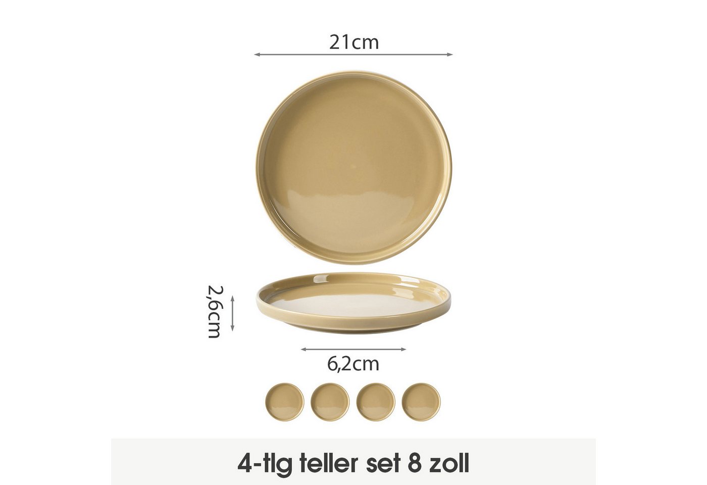 JIWOO Teller 4er Ø21cm,Frühstücksteller Steakteller Pastateller Brotteller Plate, (4 St), Keramik Hochwertiges Tellerset Braun Mikrowellen spülmaschinenfest – Bild 2 von 5