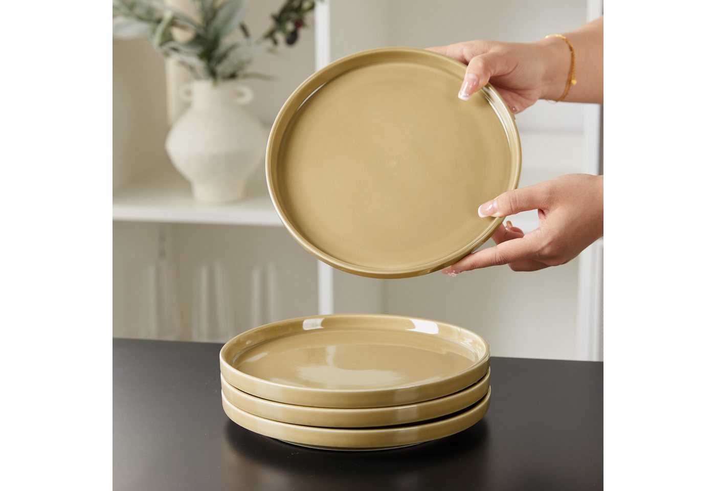 JIWOO Teller 4er Ø21cm,Frühstücksteller Steakteller Pastateller Brotteller Plate, (4 St), Keramik Hochwertiges Tellerset Braun Mikrowellen spülmaschinenfest – Bild 3 von 5