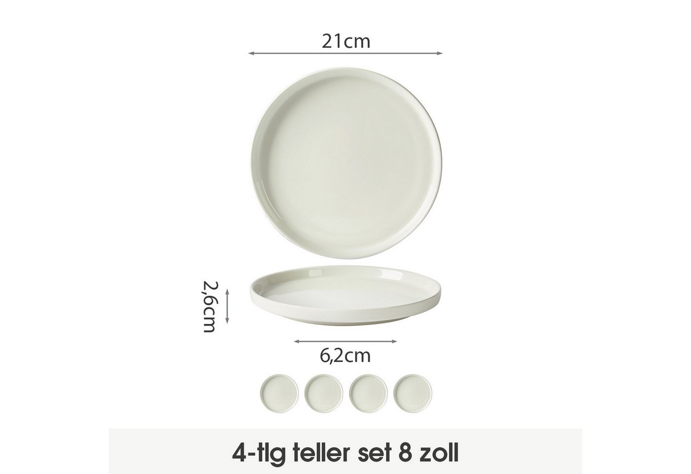 JIWOO Teller 4er Ø21cm,Frühstücksteller Steakteller Pastateller Brotteller Plate, (4 St), Keramik Hochwertiges Tellerset Weiß Mikrowellen spülmaschinenfest – Bild 2 von 5