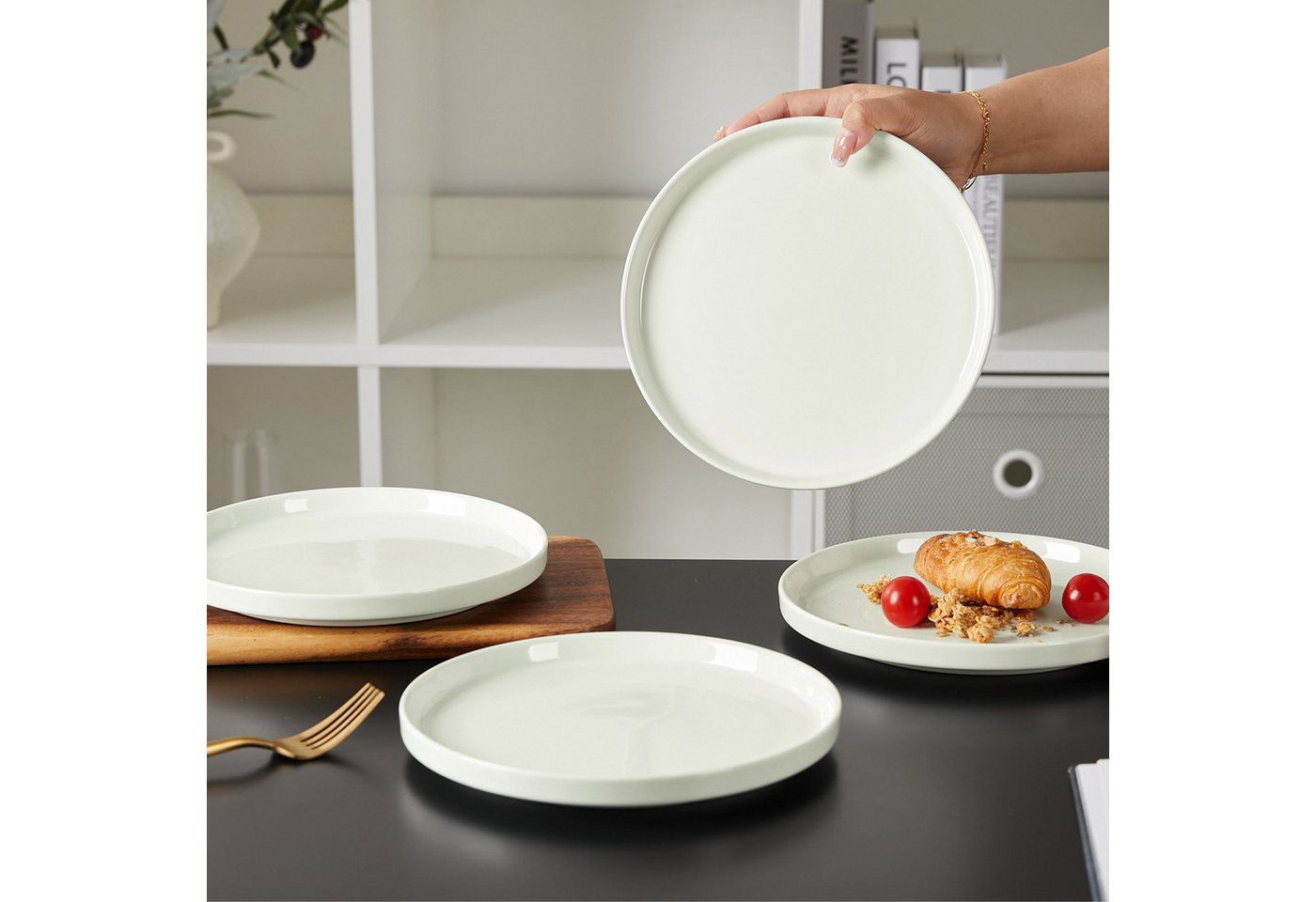 JIWOO Teller 4er Ø21cm,Frühstücksteller Steakteller Pastateller Brotteller Plate, (4 St), Keramik Hochwertiges Tellerset Weiß Mikrowellen spülmaschinenfest – Bild 3 von 5