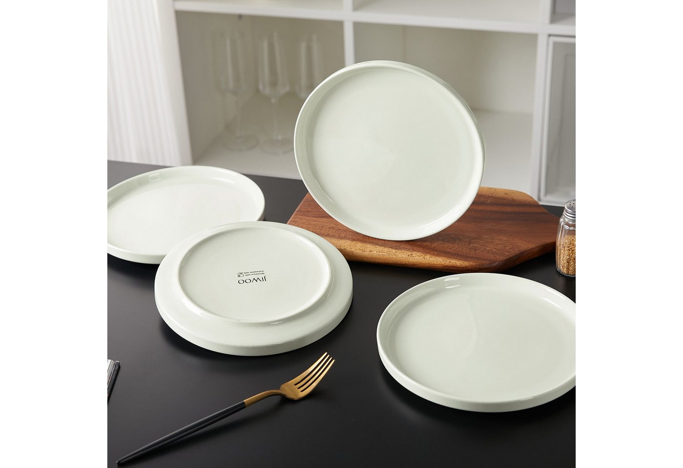 JIWOO Teller 4er Ø21cm,Frühstücksteller Steakteller Pastateller Brotteller Plate, (4 St), Keramik Hochwertiges Tellerset Weiß Mikrowellen spülmaschinenfest – Bild 4 von 5