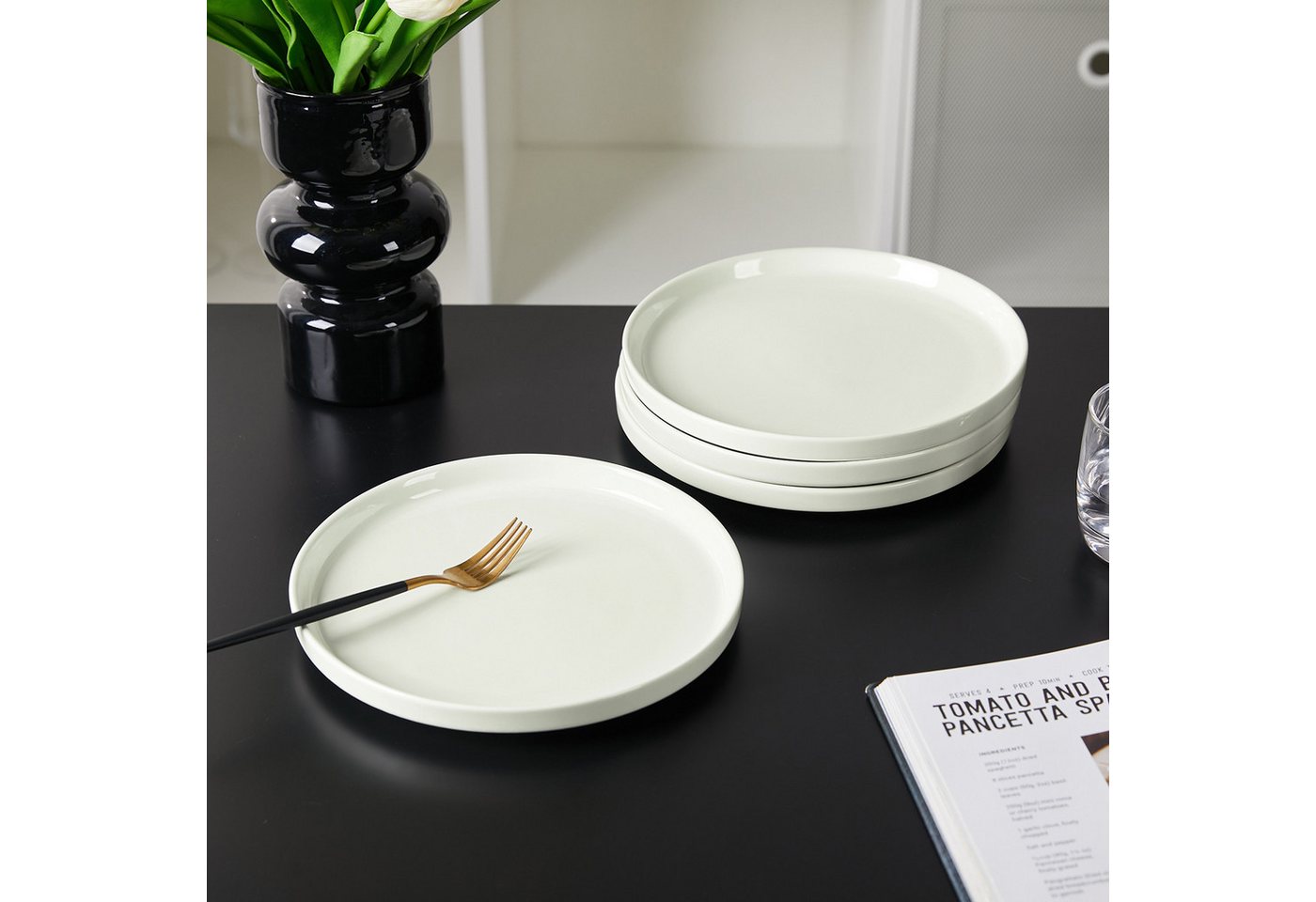 JIWOO Teller 4er Ø21cm,Frühstücksteller Steakteller Pastateller Brotteller Plate, (4 St), Keramik Hochwertiges Tellerset Weiß Mikrowellen spülmaschinenfest – Bild 5 von 5