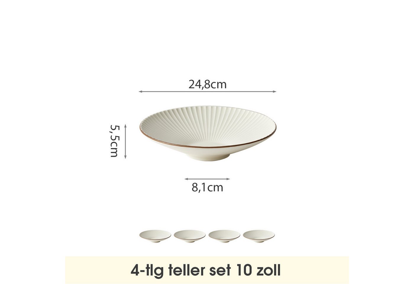 JIWOO Teller 4er Ø24,8cm, Salatteller Pastateller Frühstücksteller Dessertteller, (4 St), Keramik Hochwertiges Tellerset Weiß Mikrowellen spülmaschinenfest – Bild 2 von 5