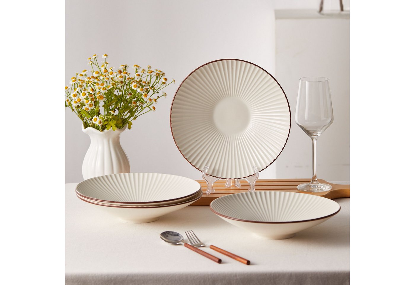 JIWOO Teller 4er Ø24,8cm, Salatteller Pastateller Frühstücksteller Dessertteller, (4 St), Keramik Hochwertiges Tellerset Weiß Mikrowellen spülmaschinenfest – Bild 3 von 5