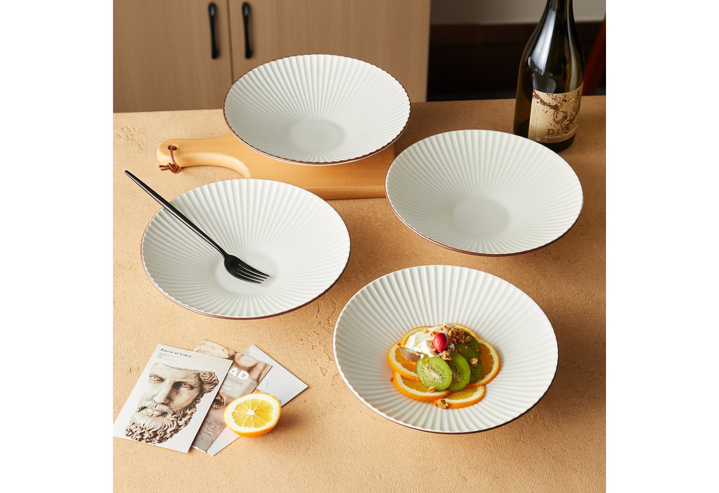 JIWOO Teller 4er Ø24,8cm, Salatteller Pastateller Frühstücksteller Dessertteller, (4 St), Keramik Hochwertiges Tellerset Weiß Mikrowellen spülmaschinenfest – Bild 4 von 5