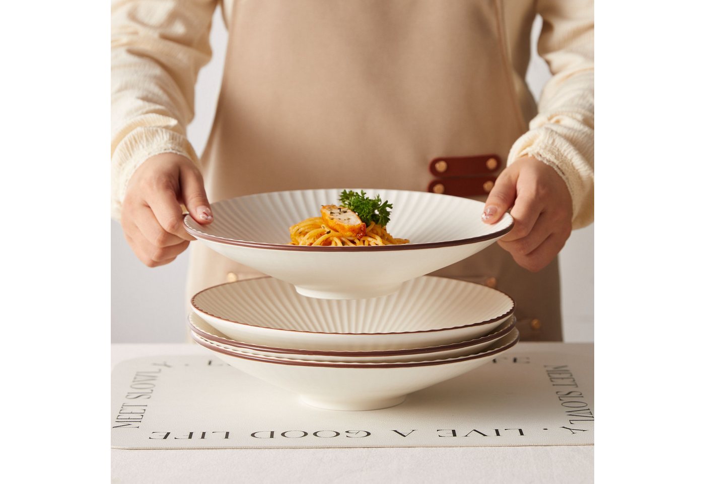 JIWOO Teller 4er Ø24,8cm, Salatteller Pastateller Frühstücksteller Dessertteller, (4 St), Keramik Hochwertiges Tellerset Weiß Mikrowellen spülmaschinenfest – Bild 5 von 5