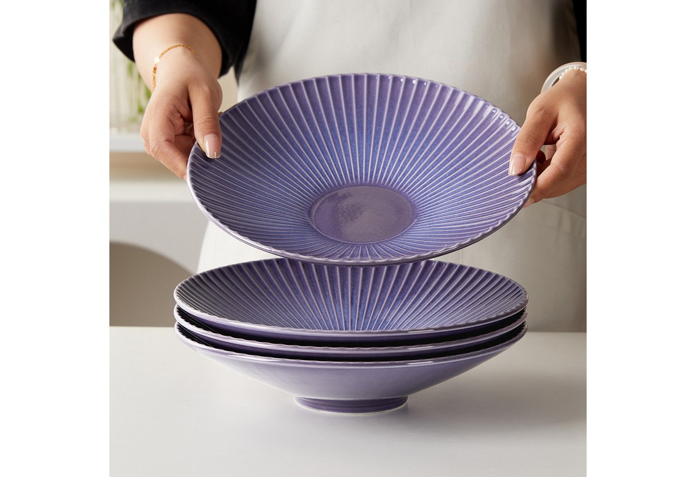JIWOO Teller 4er Ø24,8cm, Salatteller Pastateller Frühstücksteller Dessertteller, (4 St), Keramik Hochwertiges Tellerset Lila Mikrowellen spülmaschinenfest – Bild 3 von 5