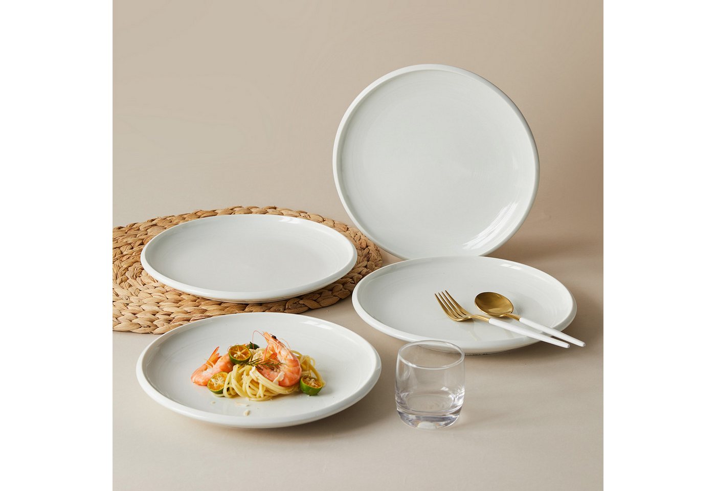 JIWOO Teller 4er Ø25,2 cm, Speiseteller Frühstücksteller Salatteller Dessertteller, (4 St), Hochwertige Plate Keramik Tellerset Weiß Mikrowellen spülmaschinenfe – Bild 3 von 5